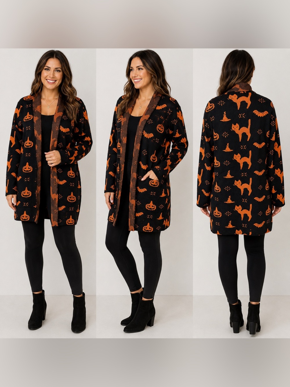 Grace Karin Halloween Cardigan Size M Black Orange Cats Pumpkins Bats